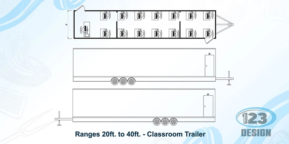 Classroom trailer floor-plan reference showing desks and a teaching area