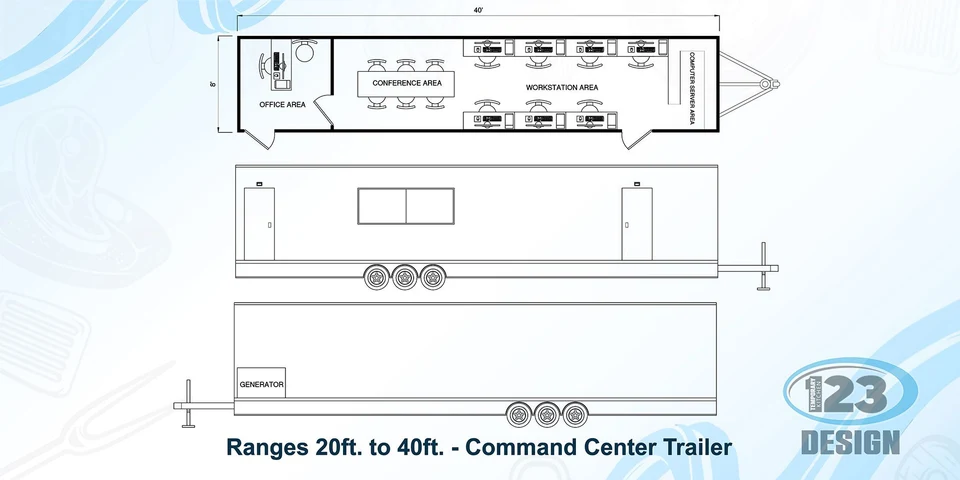 Command-center trailer floor-plan reference with office, conference and workstation areas
