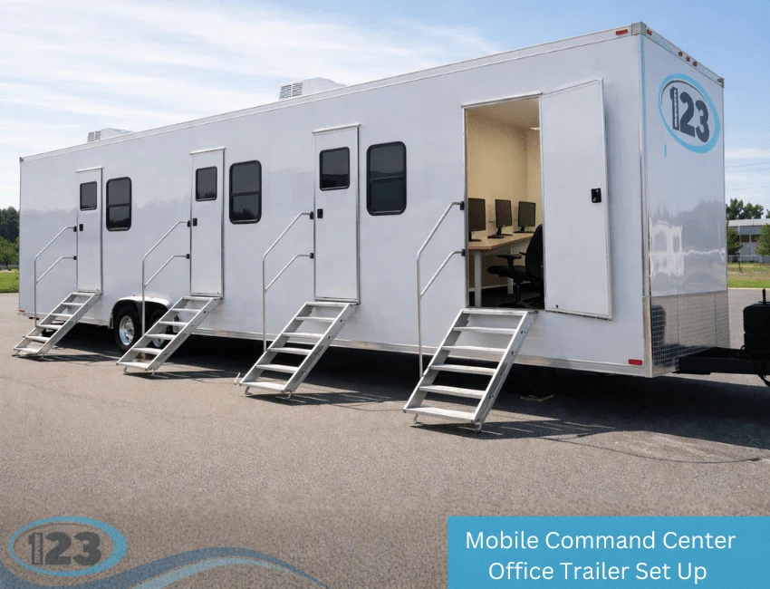 Mobile command and office trailer exterior with desks visible through an open door
