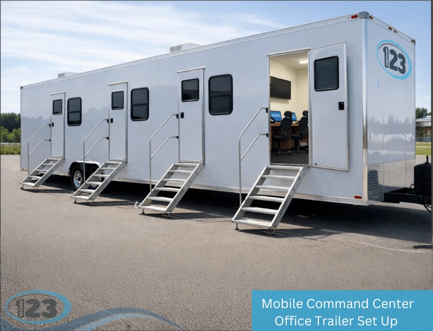 Office trailer exterior with entry steps and a visible desk area