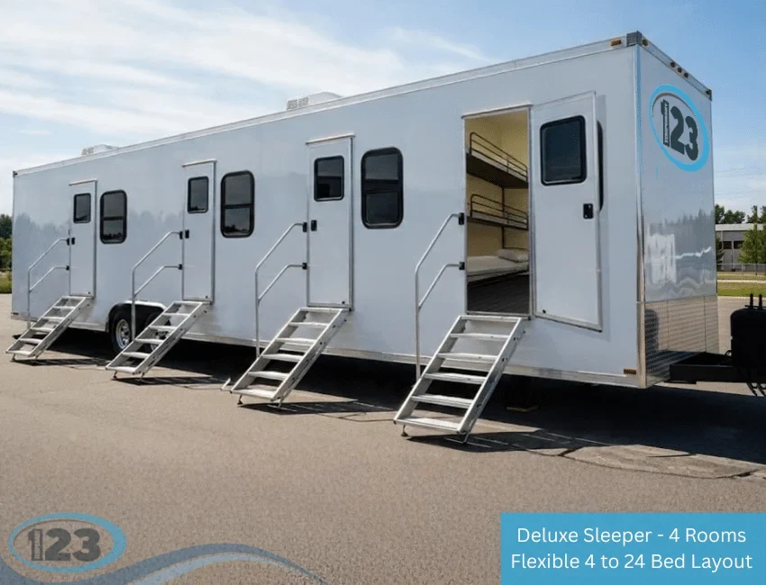 White sleeper trailer with separate entrances and access steps