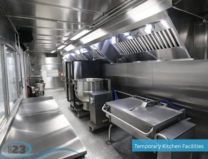 Stainless steel cooking line and preparation space inside a mobile kitchen