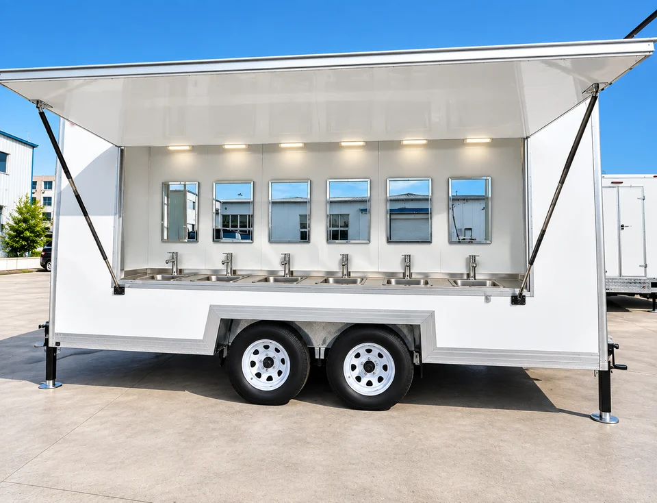 Exterior of a handwashing trailer with sinks under an awning