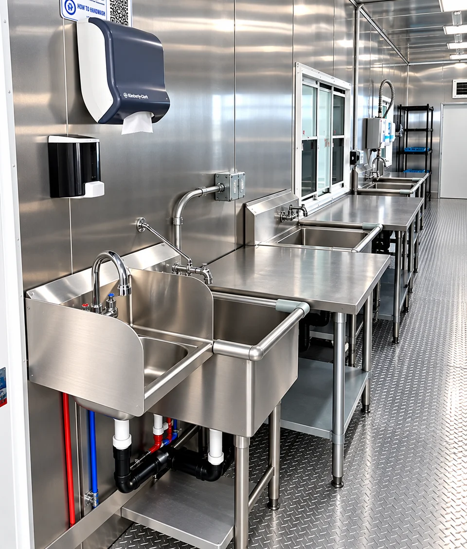 Sink station inside the conveyor dishwashing trailer