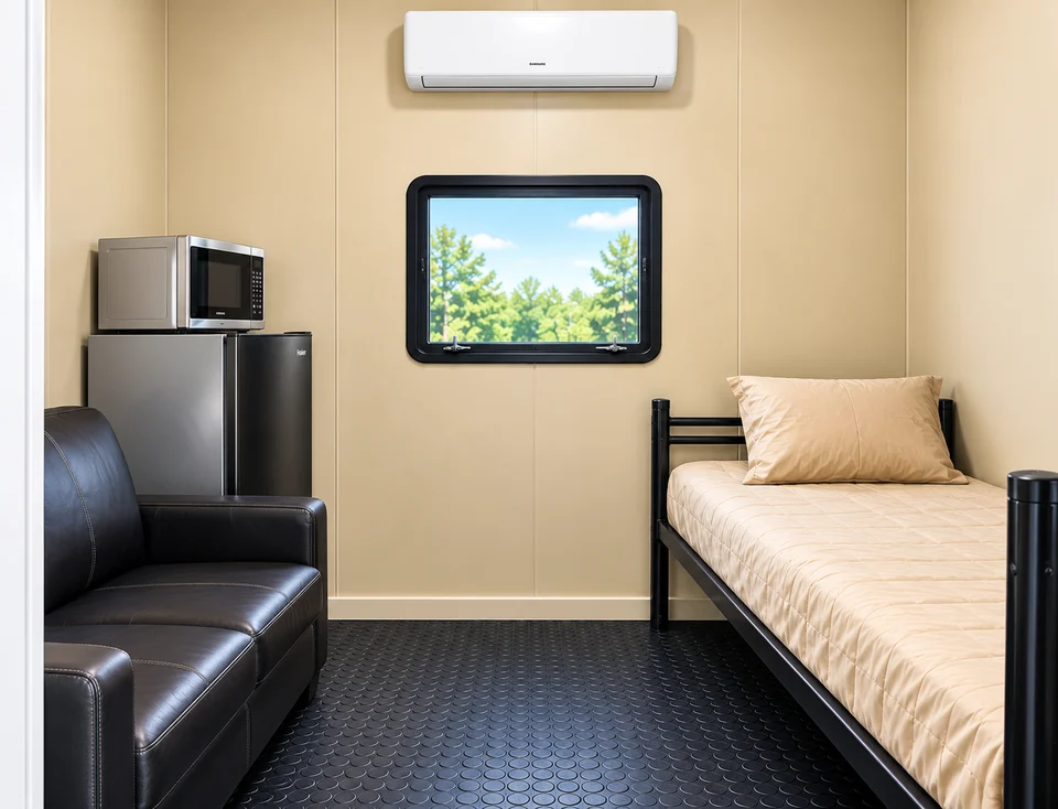 Private accommodation room with a bed, seating, refrigerator and microwave