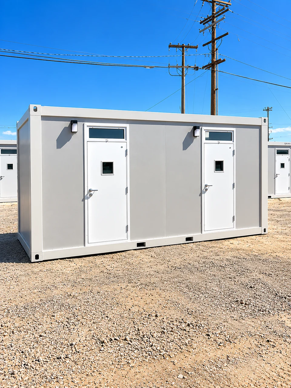 Front exterior of a two-room containerized sleeping unit