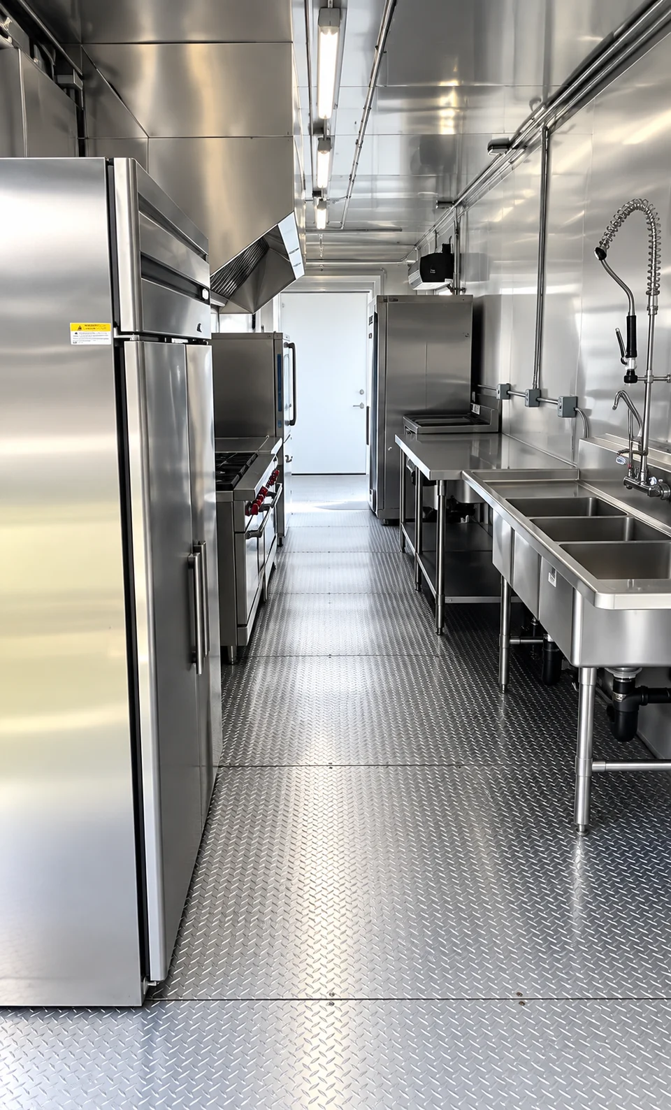 Mobile kitchen interior with refrigeration and washing stations