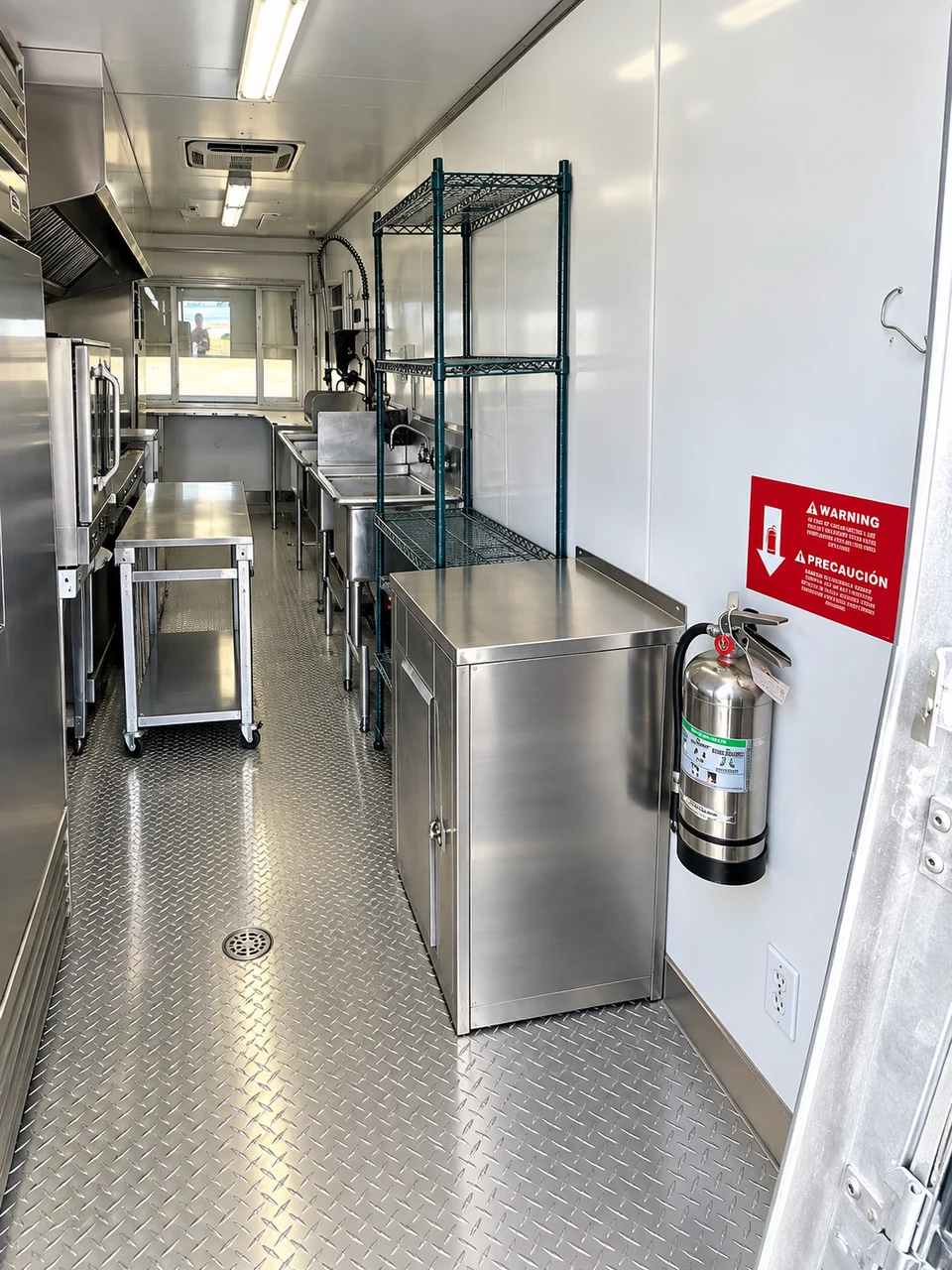 Mobile kitchen aisle with stainless counters and equipment